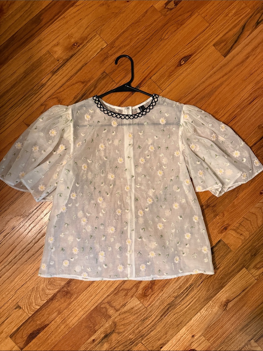 Topshop White Sheer Floral Embroidered Blouse with Black Trim